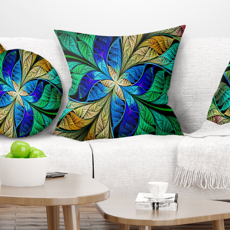 Pétales de fleurs bleu vert fractal - coussin imprimé abstrait, 18 po x 18 po, Coussin décoratif
