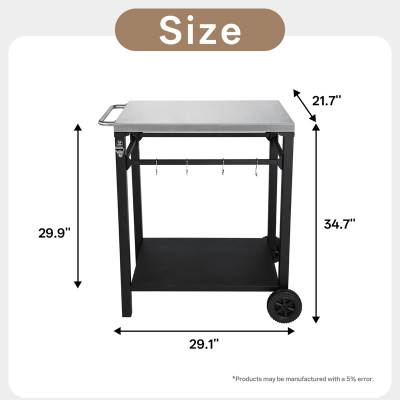 Chariot de barbecue extérieur avec configuration à 2 niveaux, plateau en acier inoxydable, cadre noir, grandes roues, crochets à outils, table de préparation pour barbecue, cour arrière, four à pizza, capacité de rangement