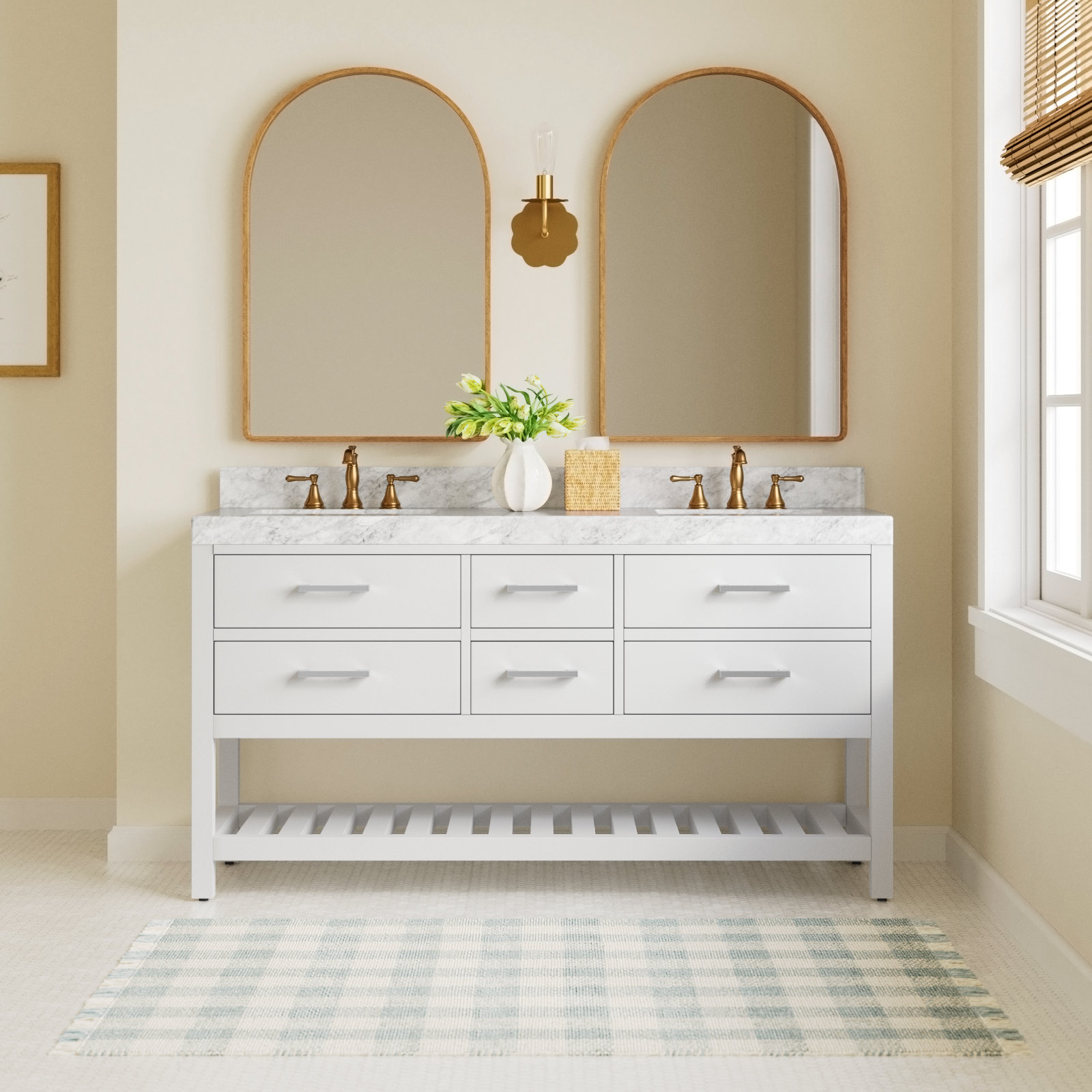 Carrie 60 " Oak Double Bathroom Vanity, White/Brushed Nickel, Carrara White Marble