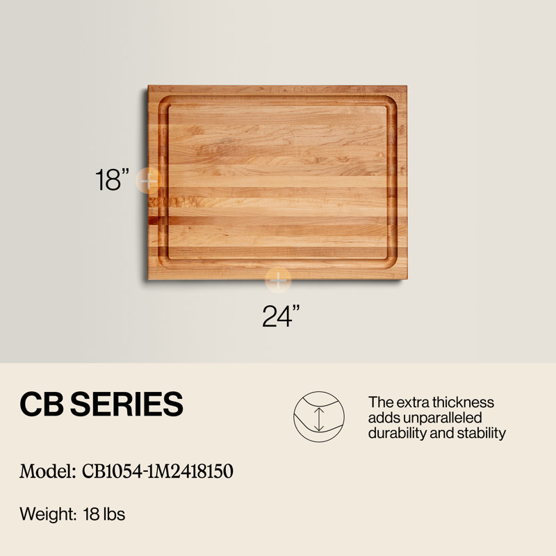 John Boos Chef's Edge Grain 1.5" Maple Cutting/Carving Board with Juice Groove, 18" H x 24" W x 1.5" D