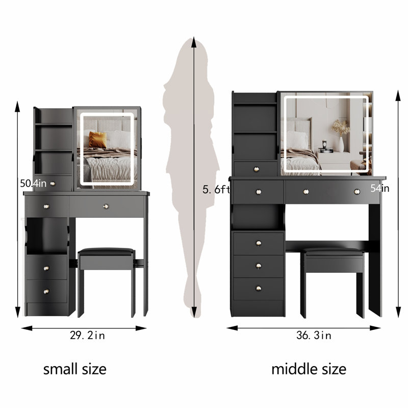 Compact 29.2-Inch Left Drawer Vanity Table Set with Tri-Color LED Mirror, Cushioned Stool, and High Storage Capacity for Small Spaces