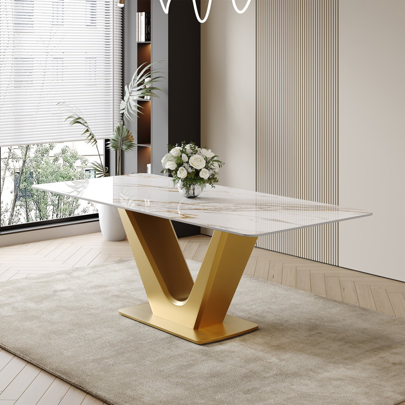 71'' Modern Rectangle Dining Table, Marble Kitchen Table with Gold Stainless Steel Base