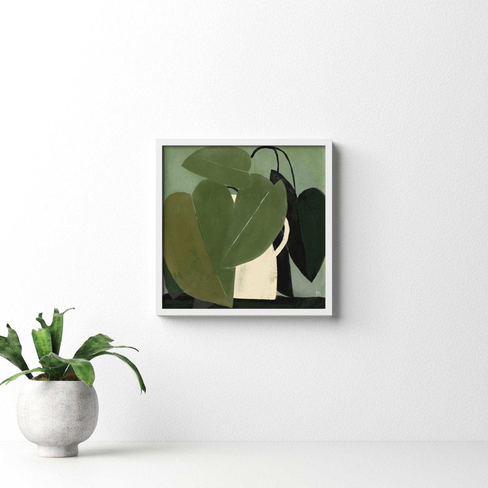 Plant "Green on Green" Painting, 16" H x 16" W x 1.25" D, White