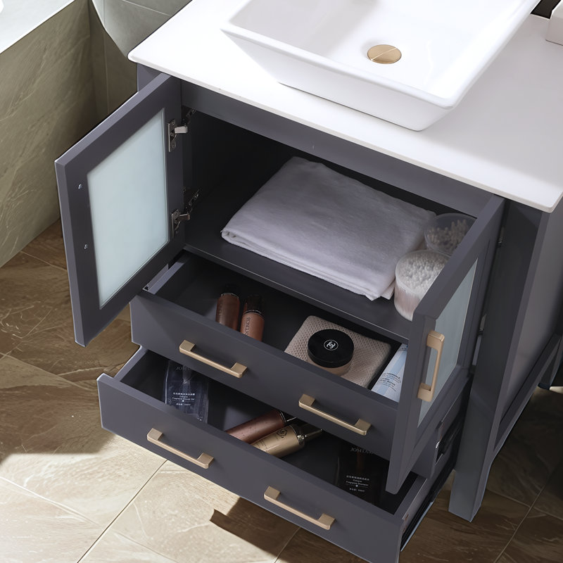 30''Modern Black Vessel Bathroom Vanity With Stroage