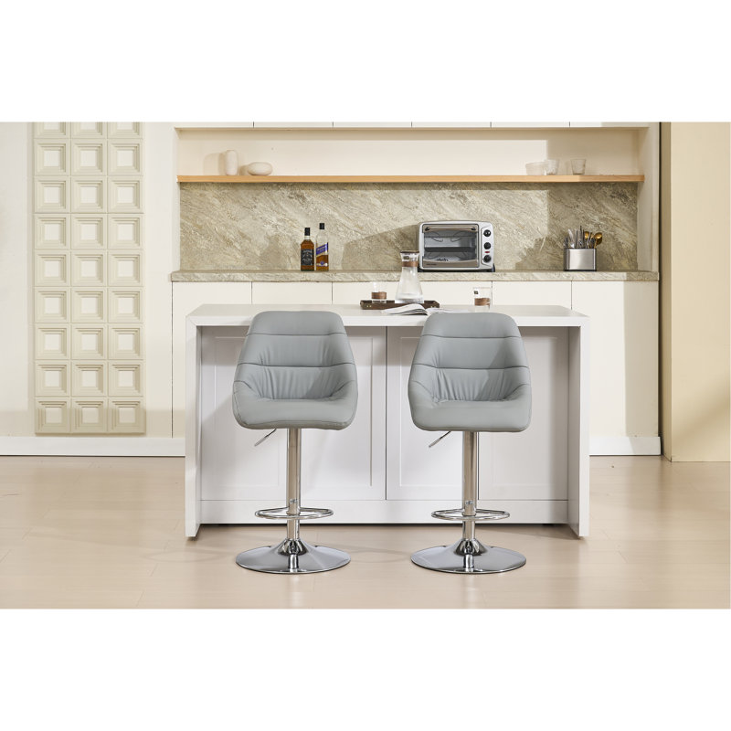 Set Of 2 Bar Stools, With Chrome Footrest And Base Swivel Height Adjustable Mechanical Lifting Velvet + Bar Stool-GREY (Easy To Clean)