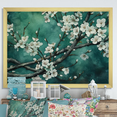 Flower Whispers Teal Cherry Blossoms II On Canvas Print