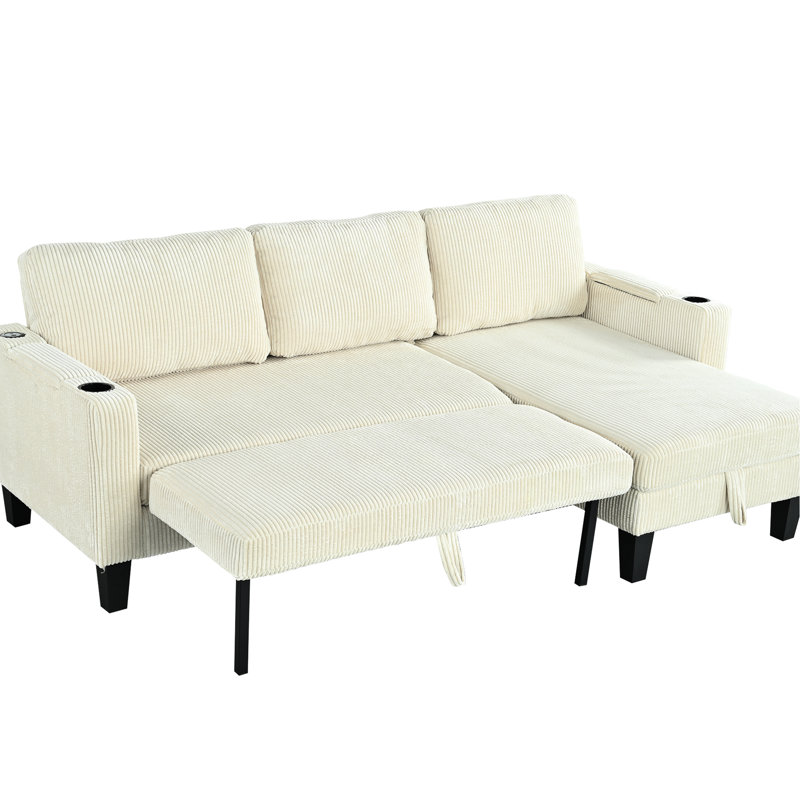 Reversible Sectional With Storage Chaise, Arm Cup Holders And Ports, 3 Corduroy Sleeper For Apartment, Bedroom, Living Room - Beige, 84.15 In Deep, 51.28 Wide, 34.73 High, 115.85 Lb Modern Bed