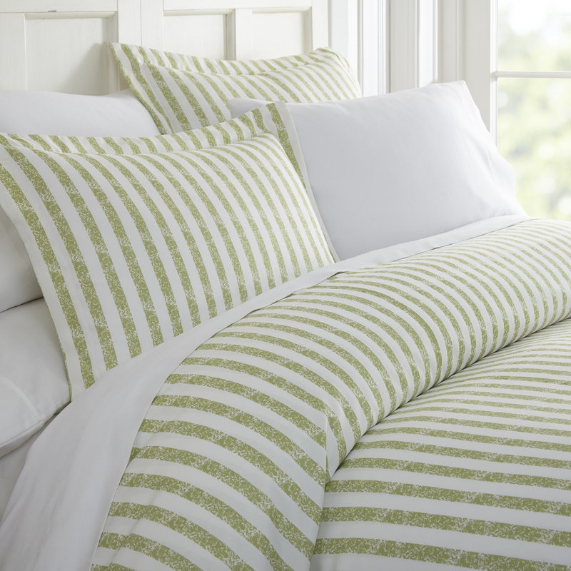 Sage and White Striped Twin Microfiber Duvet Cover Set