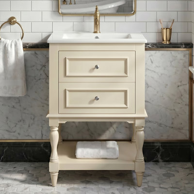Meuble-lavabo de 20 po avec lavabo en céramique, beige, armoire de salle de bain rétro avec 2 tiroirs et tablette ouverte, tiroir en forme de U, pièce maîtresse complète de la salle de bain