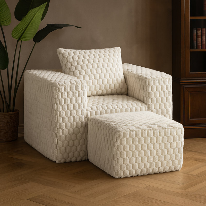 Lingge 43" W Upholstered Corduroy Accent Armchair with Ottoman, White