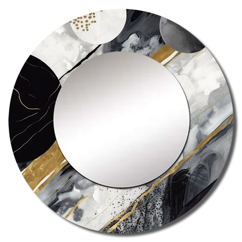 Phoebi noir or fusion de marbre I - miroir mural décoratif en marbre, miroir rond noir, impression d'art en métal