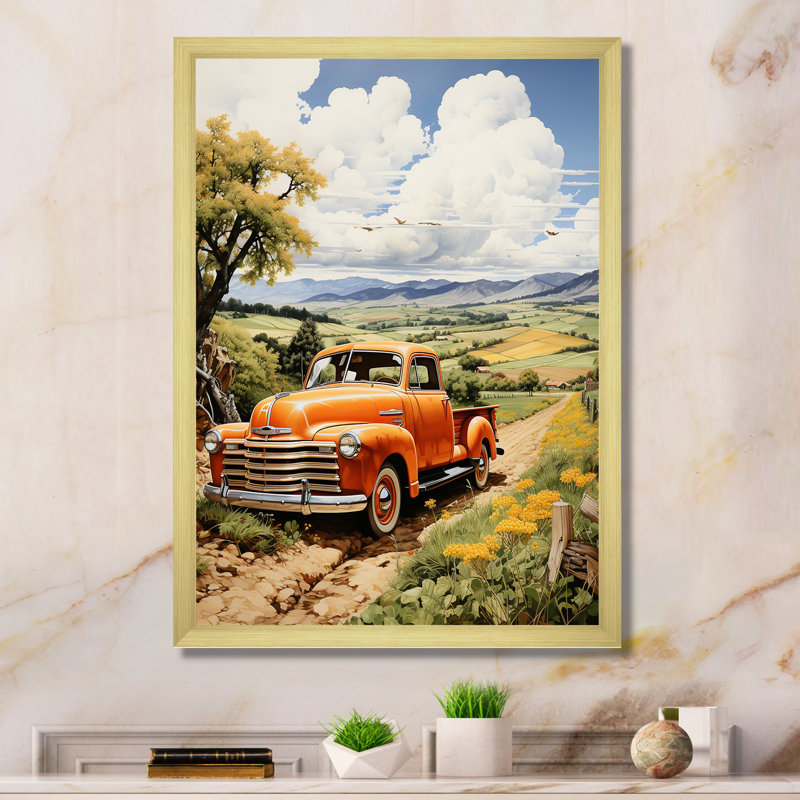 Camionnette jaune Kanesaty - Golden Fields II - impression, Encadrement doré, H 40 po x l 30 po x P 1,5 po