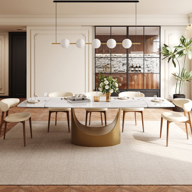 Howze 63-95" Modern Extendable Dining Table Set With 8 Fully Assembled Faux Leather Dining Chairs, Glossy White Sintered Stone Table Top With Bronze Steel Base