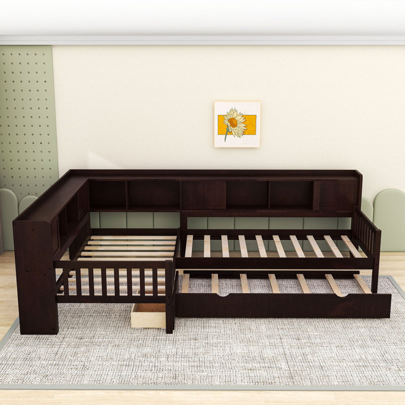 Lit plateforme en L en forme de L avec lit gigogne, tiroir et tablettes, Espresso
