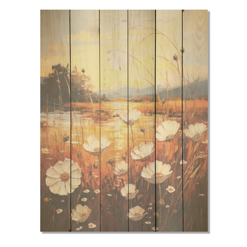 Serene Sunner Flowers Field - Art mural en bois sur bois de pin naturel, H 40 po x l 30 po