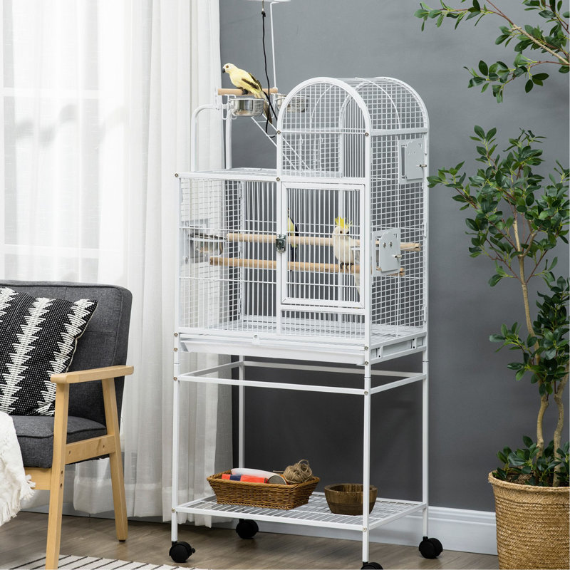 Cage à perroquet de 55 po, acier blanc, crochets de protection, perchoirs, gobelets, support roulant pour les inséparables équipés et les oiseaux