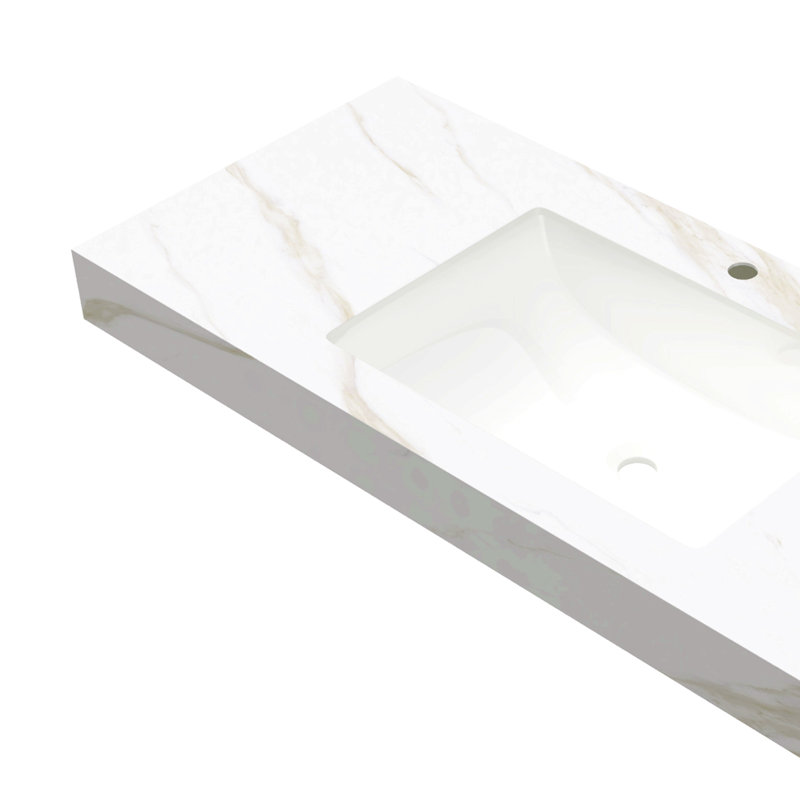 Comptoir en pierre frittée dorée de 48 po et lavabo encastré en céramique Calacatta, sans armoire, sans robinet ni drain, convient au meuble-lavabo FRIGGA