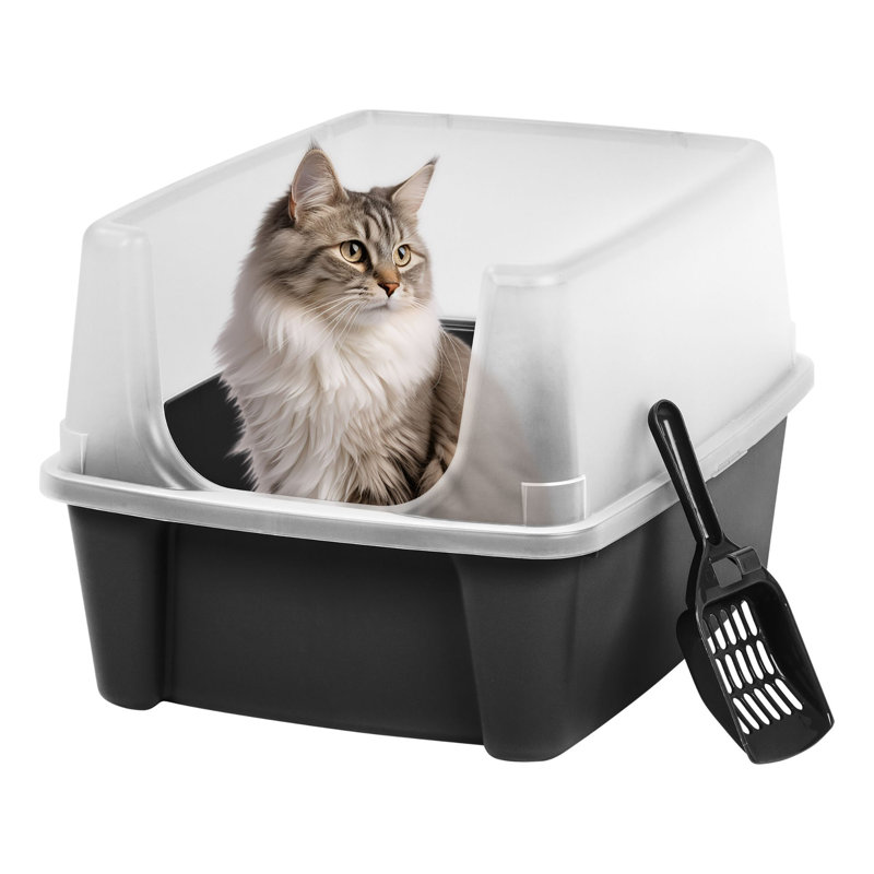  Large High Sided Cat Litter Box, Open Top, Scatter Shield, Scoop Black