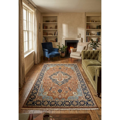 Tapis traditionnel traditionnel Indo Heriz Serapi en rouille / bleu marine / vert