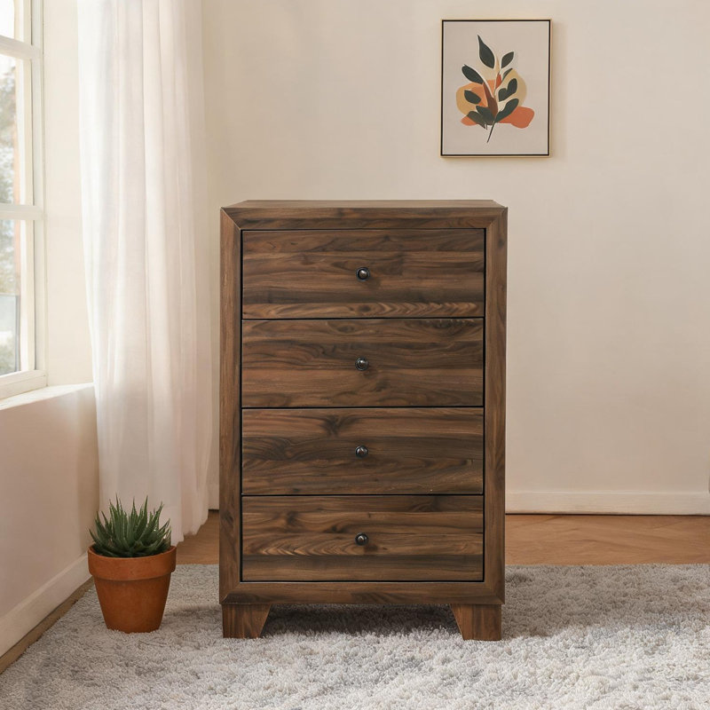 Commode de rangement contemporaine en bois à 4 tiroirs avec quincaillerie en métal et finition cerisier brun rustique | Idée de cadeau
