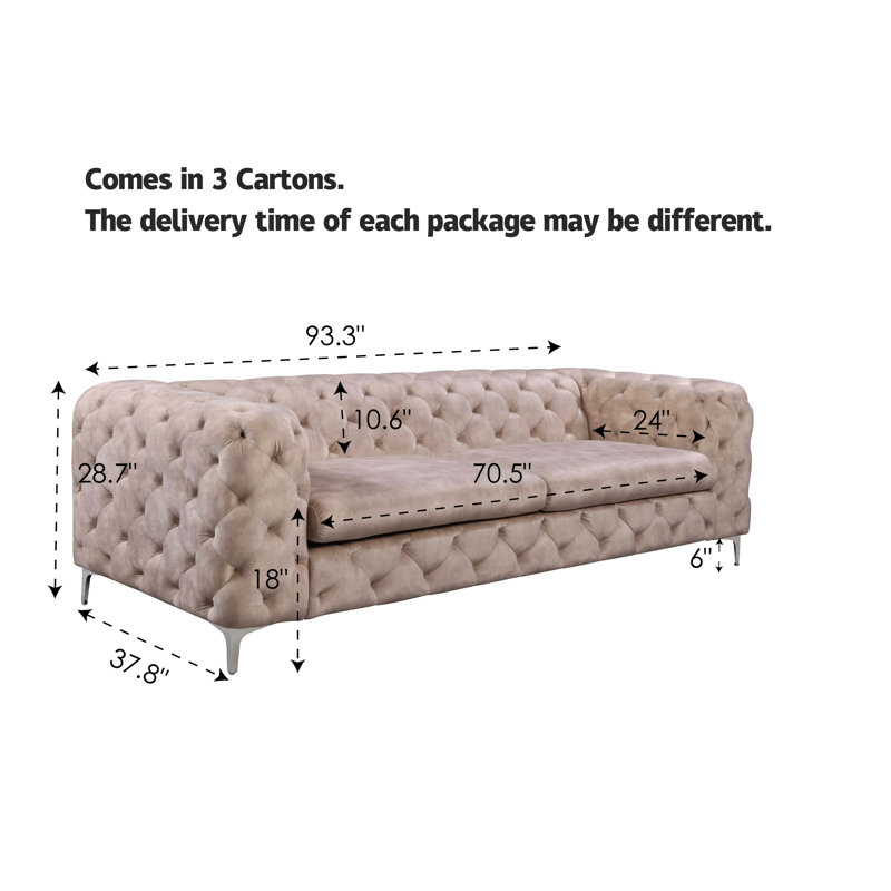 Ghaleb 237Cm Velvet Square Arms Sofa, Off White Polyester Blend, Silver