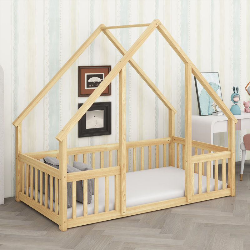 Dreamy Kids’ House Bed Ground-Level Design With Sturdy Wooden Guardrails, Natural