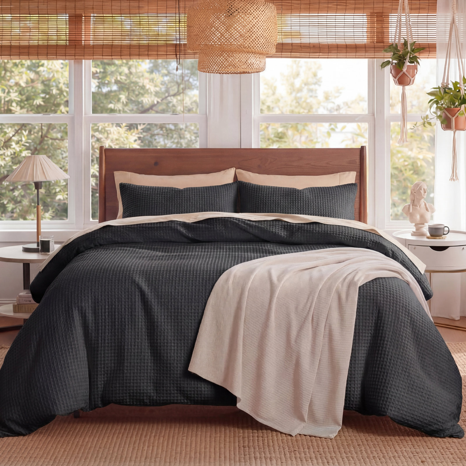 Bedsure Luxury Soft 100% Cotton Waffle Weave Plaid Duvet Cover, Queen Duvet Cover + 2 Standard Shams, Charcoal