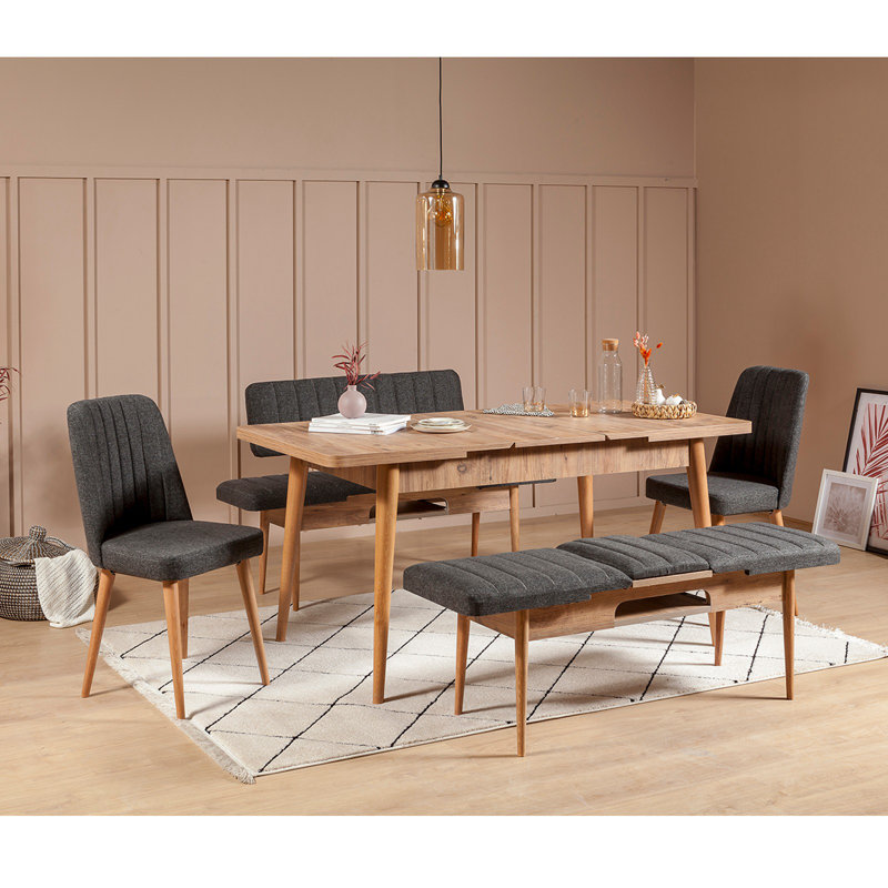 Modern Extendable Dining Table & Chairs Set (5 Pieces), Atlantic Pine & Anthracite, Table: 51.2 x 29.5 x 31.5 in, Open: 64.9 x 29.5 x 31.5 in | 100% Melamine Coated Particle Board, Hornbeam Legs, 100% Linen Chairs, Scandinavian Design