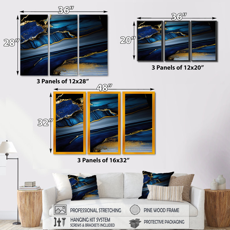 «Abstract Geode Geometric Blue II», reproduction sur toile 3 pièces, H 28 po x l 36 po x P 1 po, Toile tendue