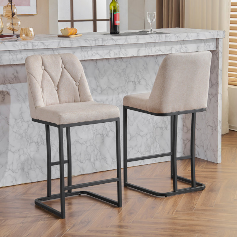 Set Of 2,Modern Upholstered Bar Stool With Button-Tufted Backrest, Counter Height Chair With Sturdy Metal Frame, Comfortable Padded Seat For Kitchen, Bar, Or Dining Room
