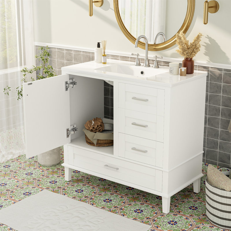 Meuble-lavabo de 36 pouces avec cadre en pin massif, porte à fermeture douce et trois tiroirs pour un rangement moderne