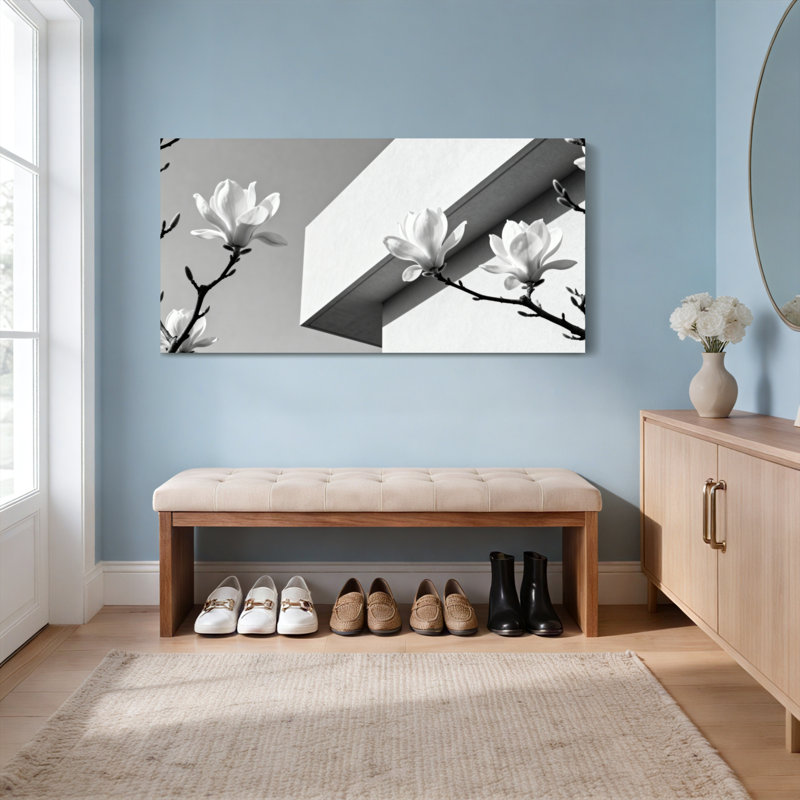 «Magnolia» noir et blanc à motif géométrique sur toile tendue, impression sur toile, ensemble de 1, H 12 po x l 36 po