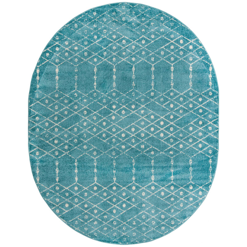 Tapis bleu sarcelle en polypropylène tissé à la machine Brissa, Ovale 7 pi 10 po x 10 pi