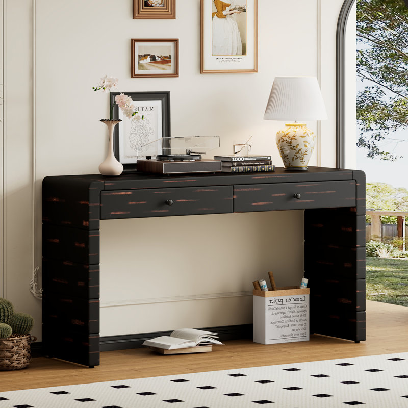 Curved Console Table with Storage, Distressed Black