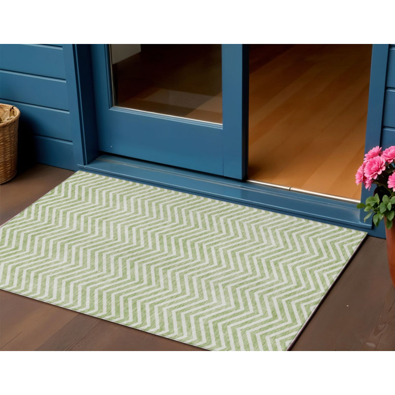 3' X 5' Artichoke Green And Ivory Chevron Washable Indoor Outdoor Area Rug