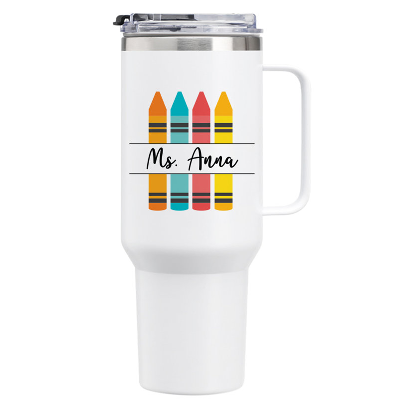 Verre personnalisé 40 oz avec poignée, crayons de couleur, texte du nom, cadeau de l'enseignant, Oui