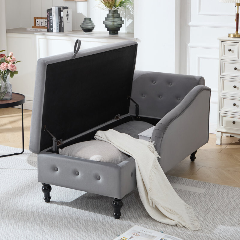 Chaise longue de rangement en velours Eastham, Gris foncé, Orienté à droite