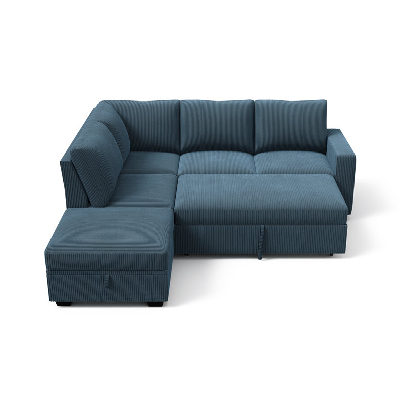 Canapé-lit modulaire en L Brunella, Velours côtelé bleu, H 35 po x l 87 po x P 84,2 po