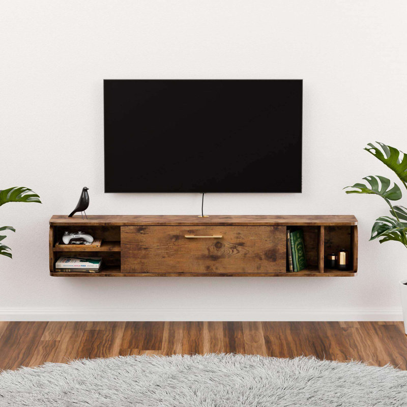 58" Rustic Plywood Floating TV Stand with Gold Accent – Wall Mounted Farmhouse Media Console for Up to 60" TVs, 58