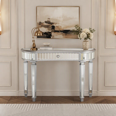 Console de 47 pouces avec miroir en demi-lune, bureau de meuble-lavabo en verre cannelé avec tiroir en cristal et table de vestibule en bois massif