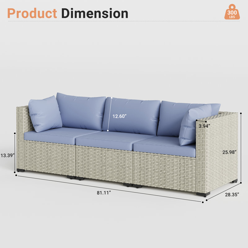 Canapé de patio en rotin avec coussins 3 pièces, Bleu brume