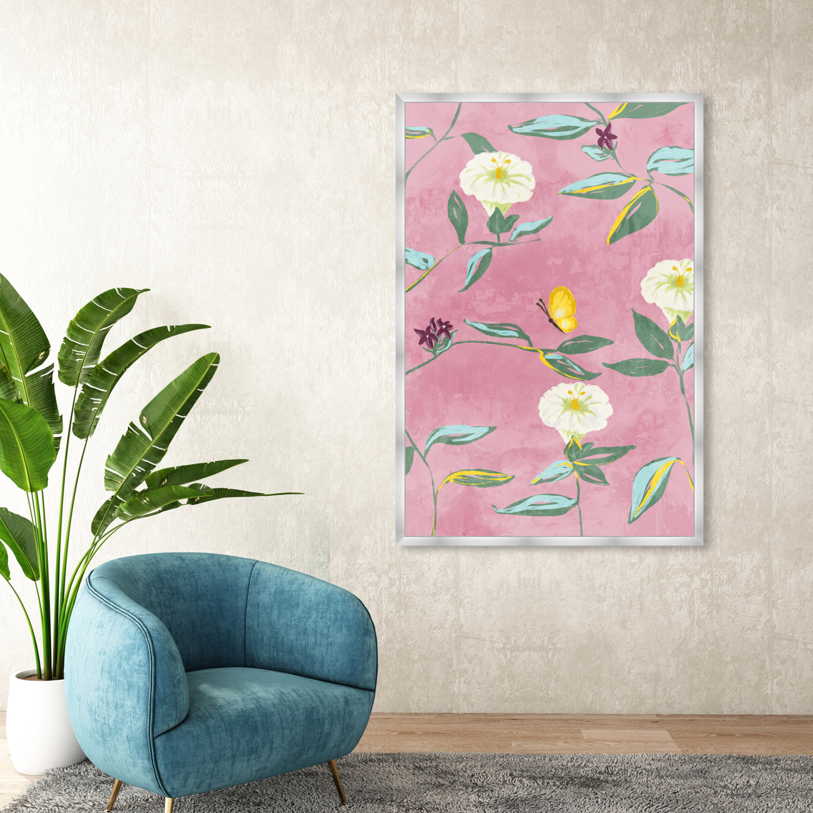 Floral Spring Tapestry Pattern Print, 56" H x 38" W, Silver