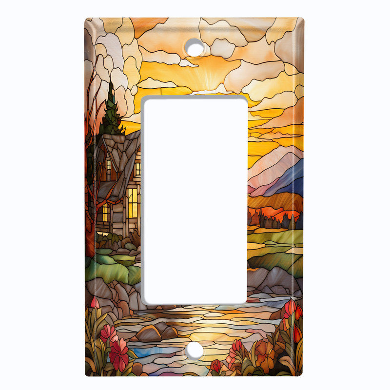 Couvercle de plaque d'interrupteur en métal; Fauteuil à bascule GFI 1 taille US - image imprimée du vitrail Homestead Sunset