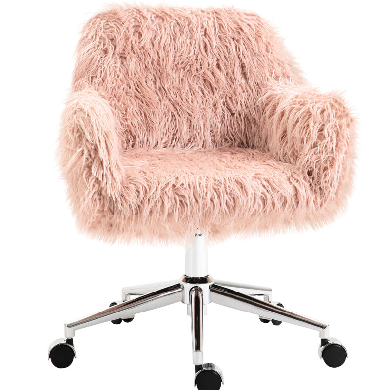 Chaise de bureau rose avec rembourrage en fausse fourrure et hauteur réglable
