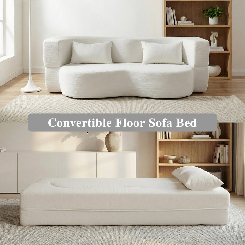 Boneless 78.35" Modern 2-In-1 Convertible Curved Loveseat Sofa Bed, Floor Love Seat Couch, Teddy Fabric Memory Foam Cloud Couch With 2 Pillows No Assembly For Living Room, Apartment, Small Space