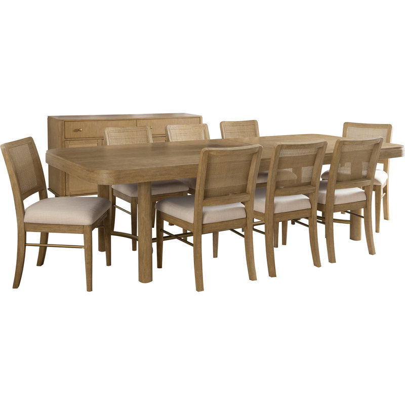 Table de salle à manger extensible Sand Wash 9, table rectangulaire extensible, dossiers en canne tissés à la main et sièges rembourrés en tissu crème pour un style d'évasion côtière avec du bois brun, espace de table confortable