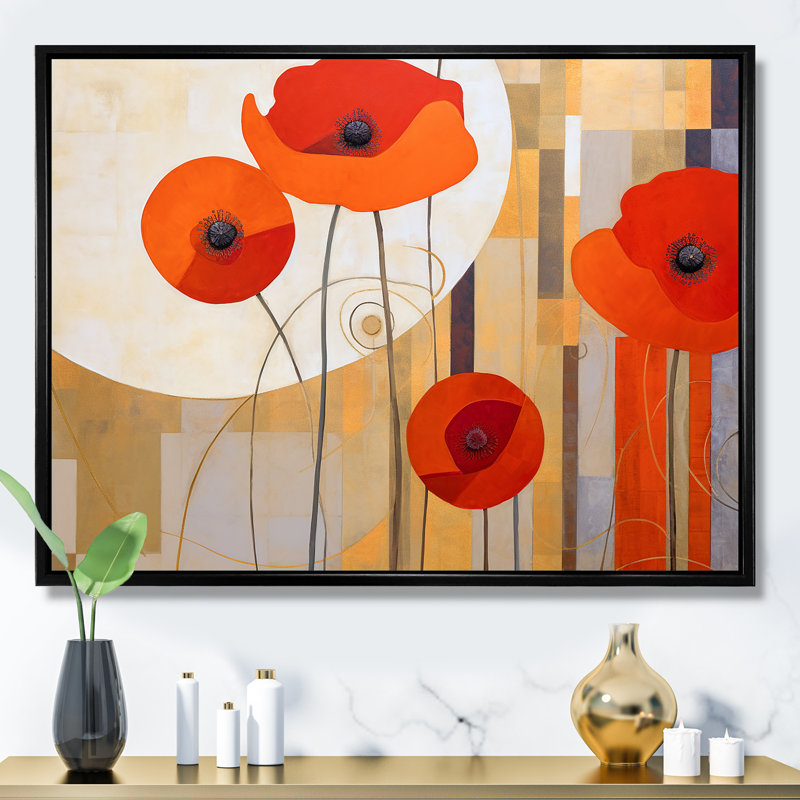 " Bold Orange Cubic Flowers ", Black Floater Framed, 30" H x 40" W x 1.5" D