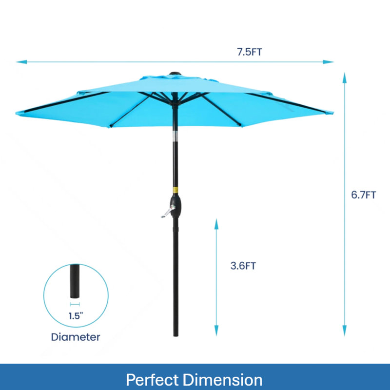 Parasol bleu de 2,3 m avec ventilation et toile, idéal pour la piscine, l'extérieur et le jardin. Ventilation inclinable par bouton-poussoir.