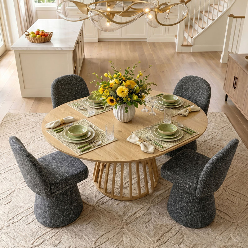 Ensemble de table de salle à manger pour 4 personnes avec table ovale extensible et 4 chaises pivotantes rembourrées en tweed