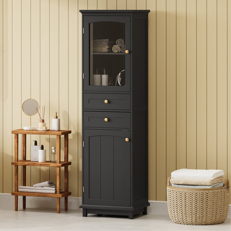 63" Tall Bathroom Storage Cabinet With Glass Doors, Free-Standing, Two Drawers, And Adjustable Shelves, MDF Board, Painted Black -  For Displaying Your Favorite Items